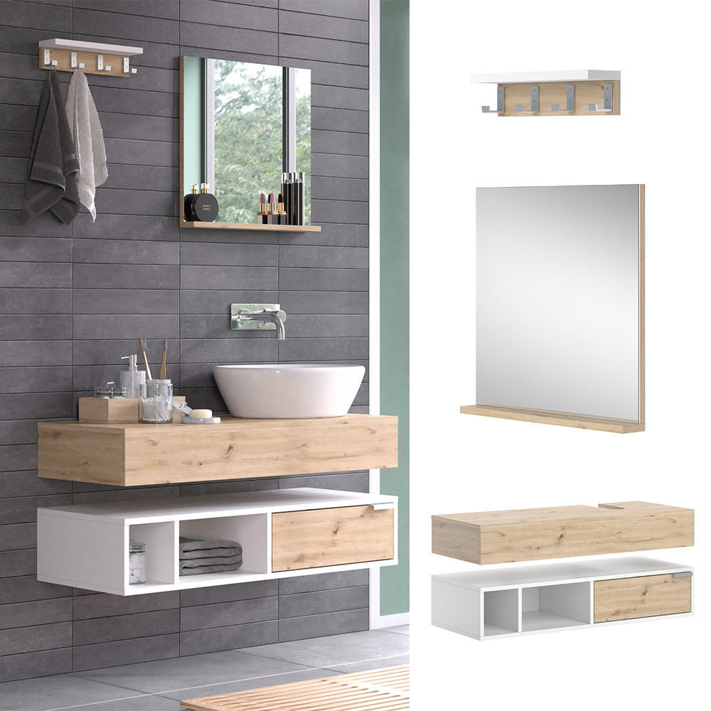 BADMÖBEL-SET Henri Weiß 4 Teile - Weiß/Eiche Artisan, Holzwerkstoff (100/20/40cm) - Vicco