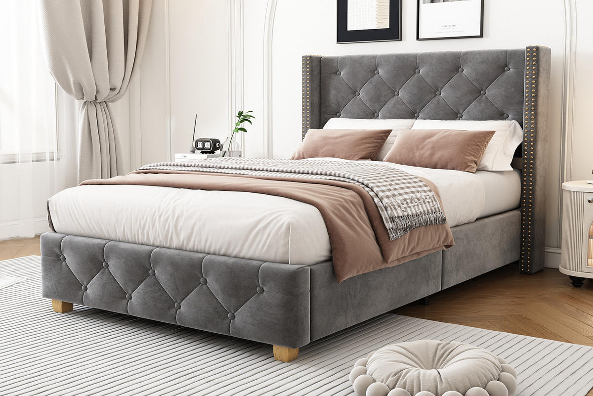 POLSTERBETT 90/200 cm Grau aus Samt mit Knopfheftung - Grau, Textil (90/200cm) - OKMYHOME