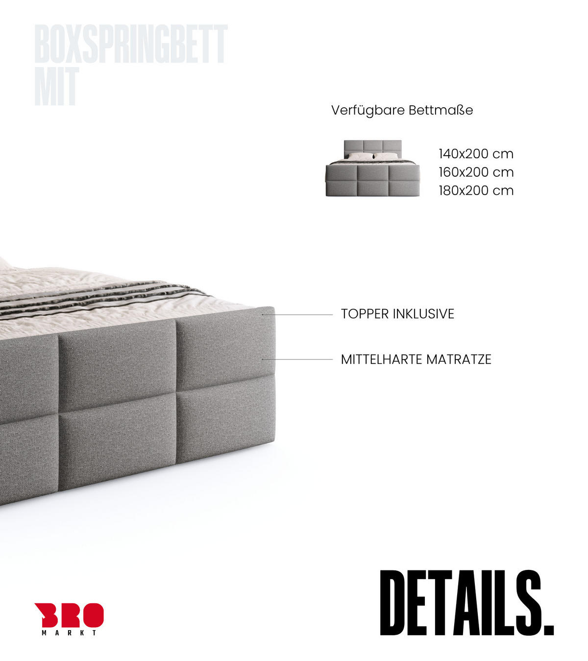 BOXSPRINGBETT Boston Duo Mit Bettkasten, Topper und Matratze Grau Malmo 90 140x200 cm - Schwarz/Grau, Textil (140/200cm) - Bromarkt