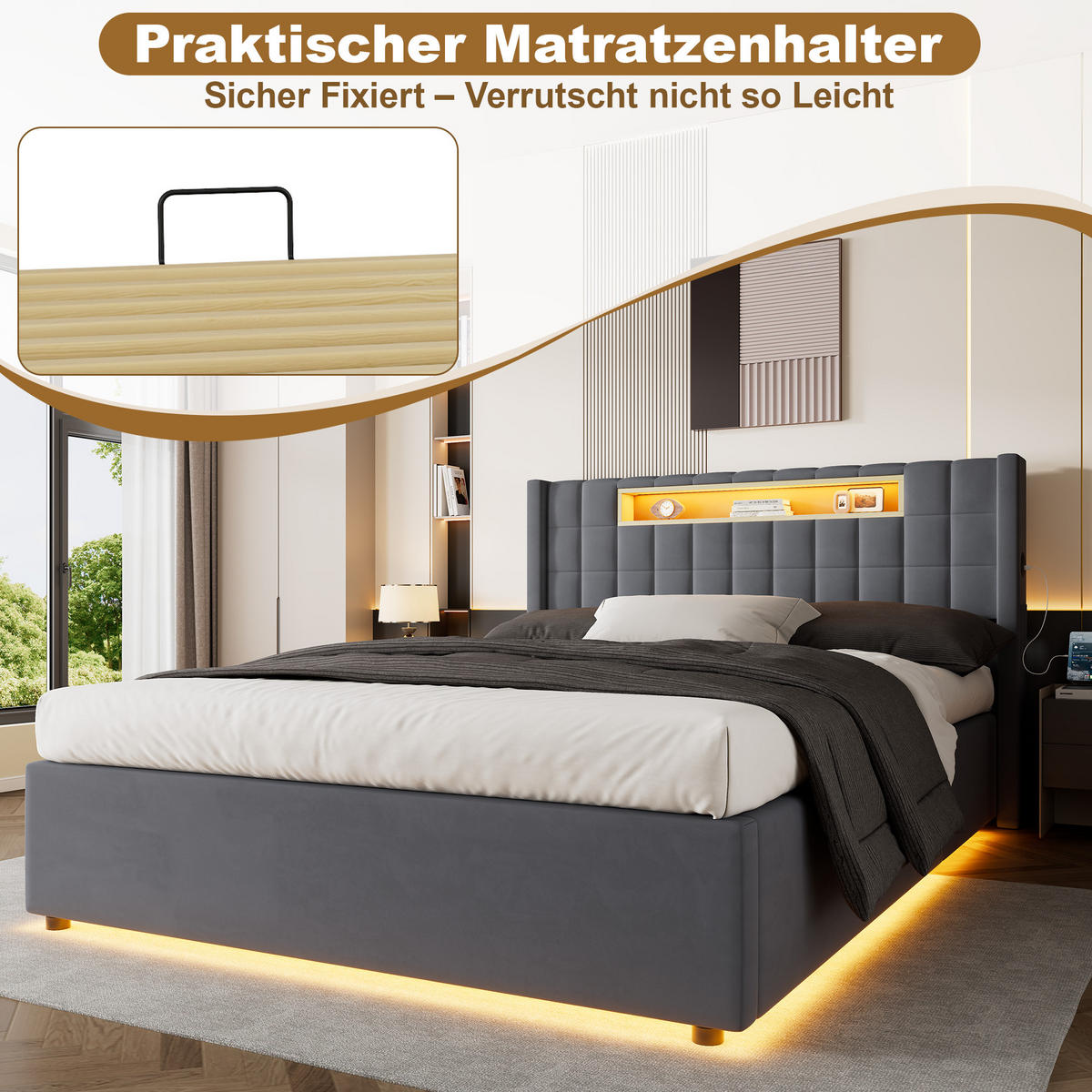 ČALÚNENÁ posteľ 140/200 cm tmavosivá s LED a USB-C - tmavosivá, textil (140/200cm) - Flora Grace