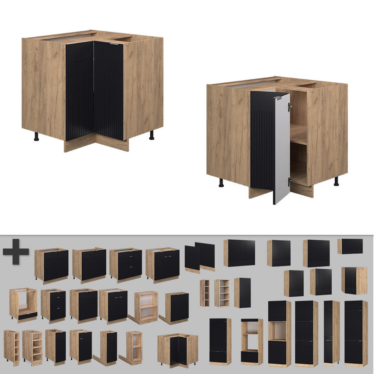 ECKSCHRANK Fame-Line, Schwarz gestreift, 80.5 cm, AP Marmor - Honigeiche/Eiche Wotan, Holzwerkstoff (80.5/82/60cm) - Vicco