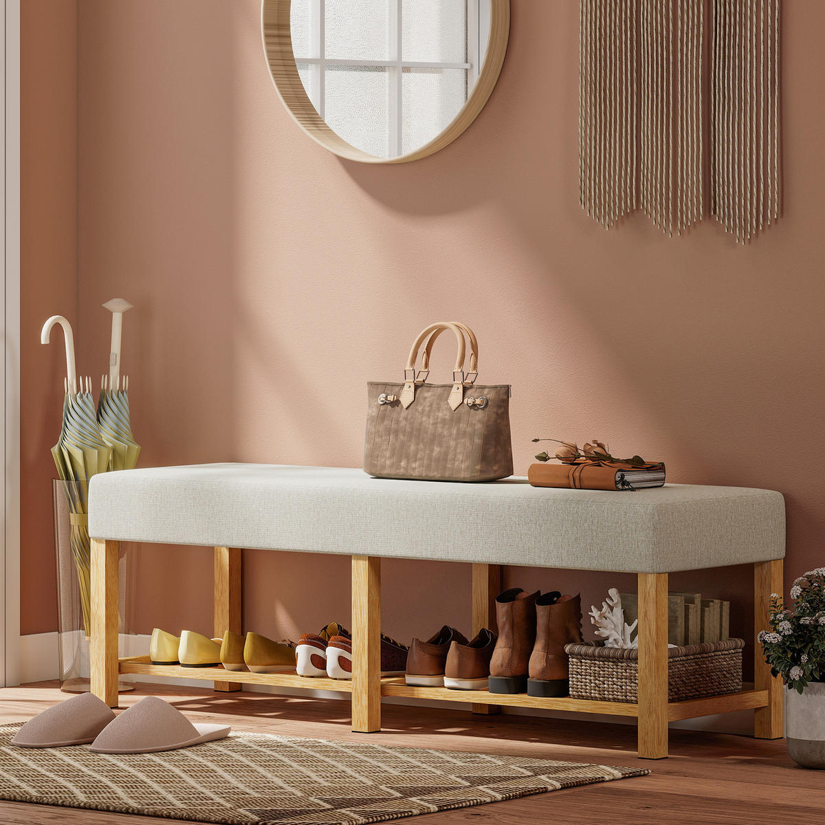 SCHUHBANK Kautschukholz Polyester Cremeweiß - Creme, Holz (44/48/140cm) - HOMCOM