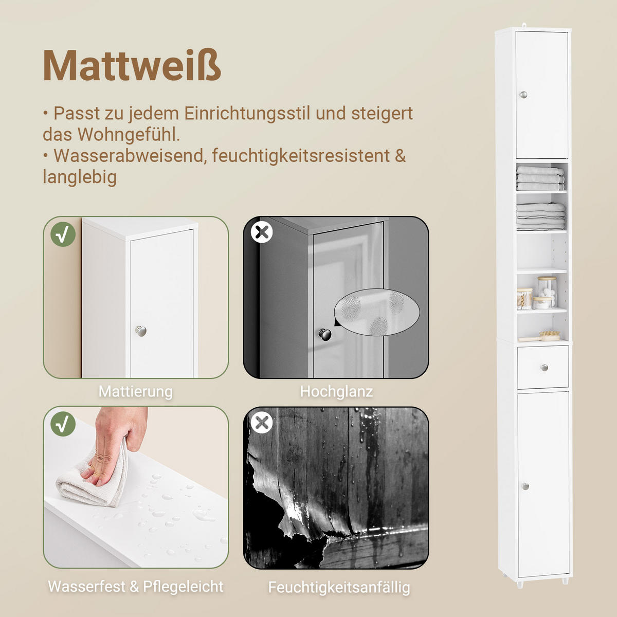 HOCHSCHRANK schmal Badschrank Weiß 20x180x20cm - Weiß, Holzwerkstoff (20/180/20cm) - SoBuy