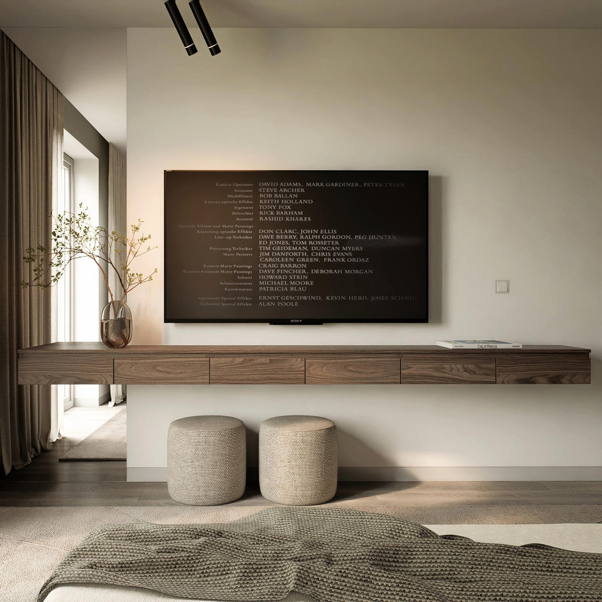 TV stolek Bemmi Slim šestidveřový, dekor ořech Wisconsin, 300 cm - tmavě hnědá, kompozitní dřevo (300/18.2/31.6cm) - Selsey