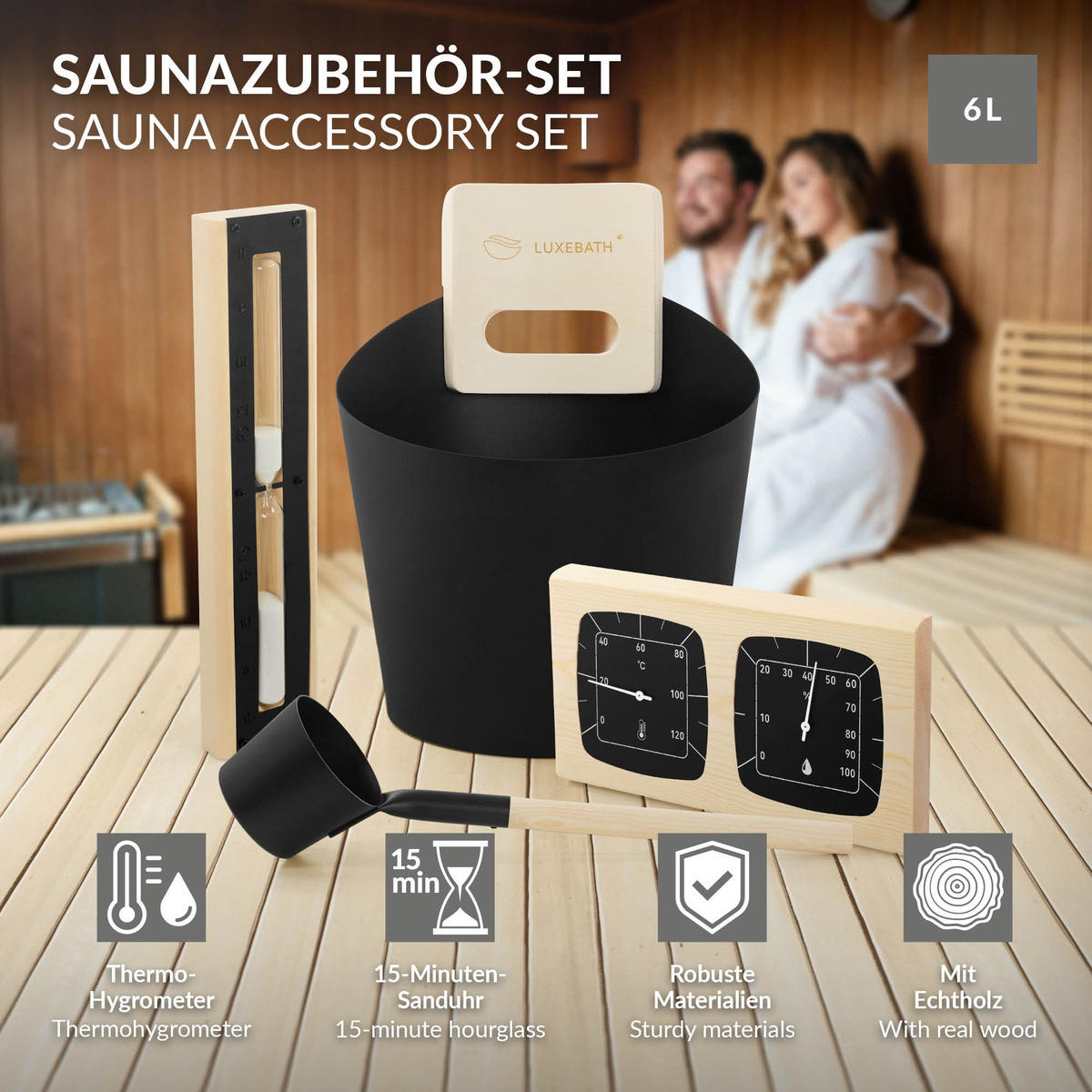 SADA SAUNOVÉHO PRÁVÉHO 4dílná z hliníku - černá, kov (25/31/32.5cm) - LuxeBath