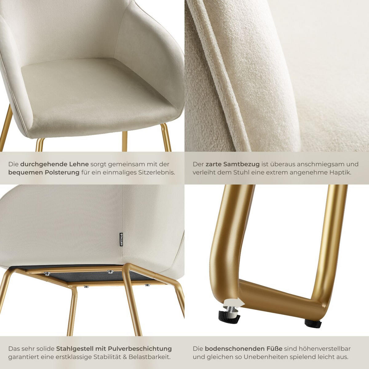 ESSZIMMERSTUHL Jeane,57 x 61 x 85,5 cm, Belastbarkeit 120 kg,Samtoptik creme/gold - Goldfarben/Samtahornfarben, Kunststoff (57/85.5/61cm) - tectake