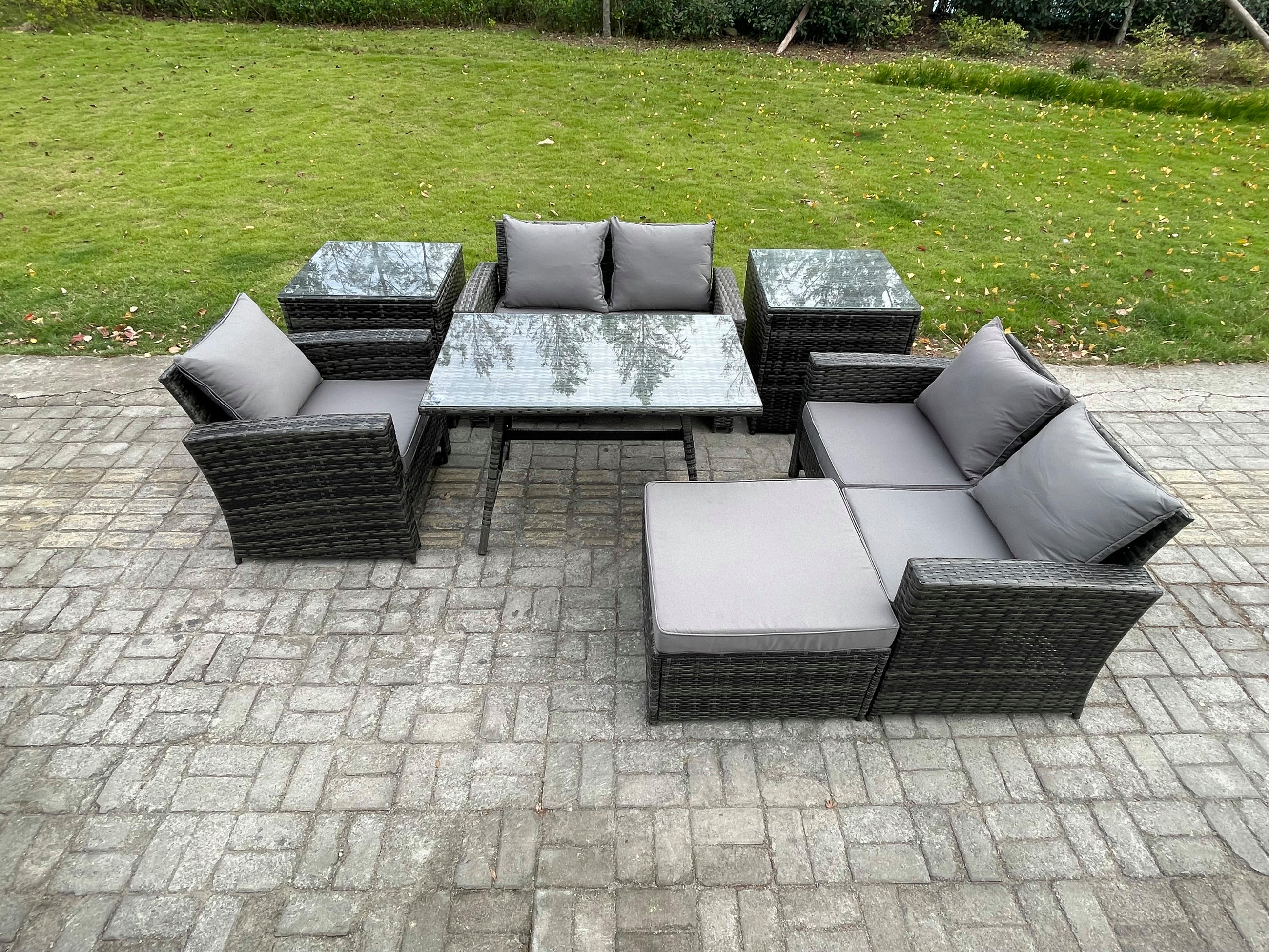 GARTENMÖBELSET mit ESSTISCH,HOCHLEHNER-SOFA Polyrattan Dunkelgrauer Mix 6-Sitzer - Dunkelgrau/Grau, Glas/Kunststoff - Fimous