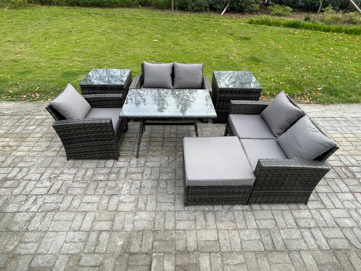 GARTENMÖBELSET mit ESSTISCH,HOCHLEHNER-SOFA Polyrattan Dunkelgrauer Mix 6-Sitzer - Dunkelgrau/Grau, Glas/Kunststoff - Fimous