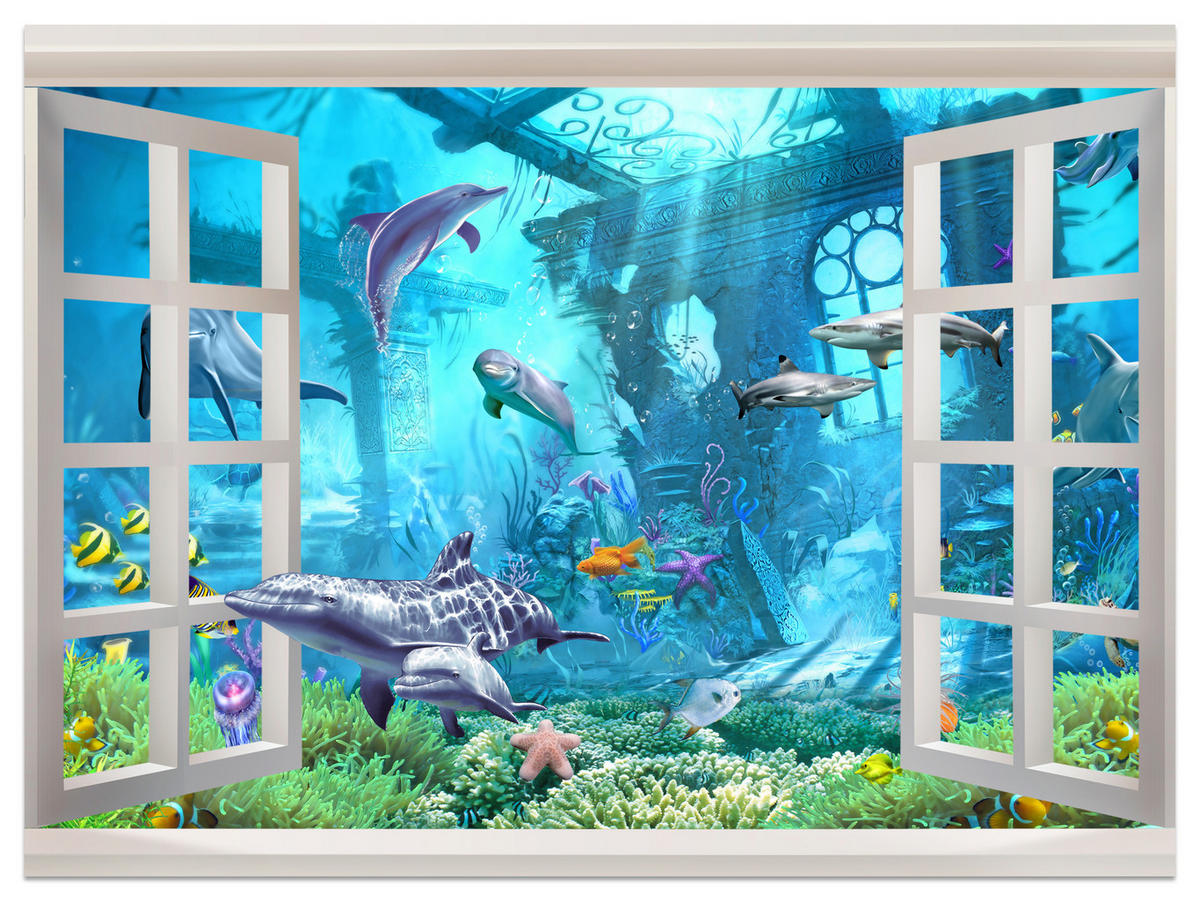FOTOTAPETE für Schlafzimmer Fenster Unterwasserwelt Delfine Riff 300x210 - Blau/Weiß, Papier (300/210cm) - Muralo