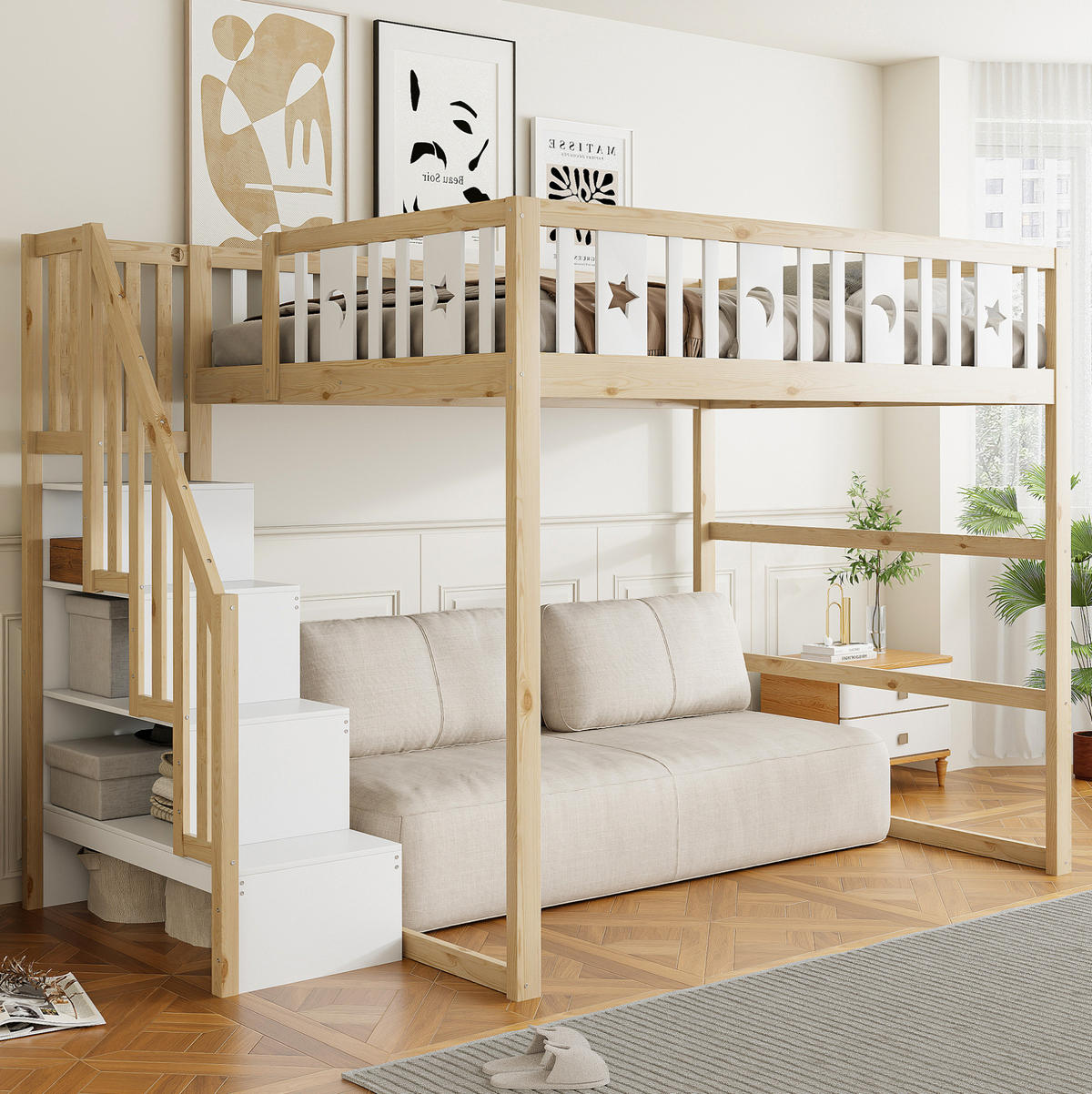 HOCHBETT 140/200 cm aus Massivholz mit Treppe, Natur/Weiß - Naturfarben, Holz (140/200cm) - OKMYHOME