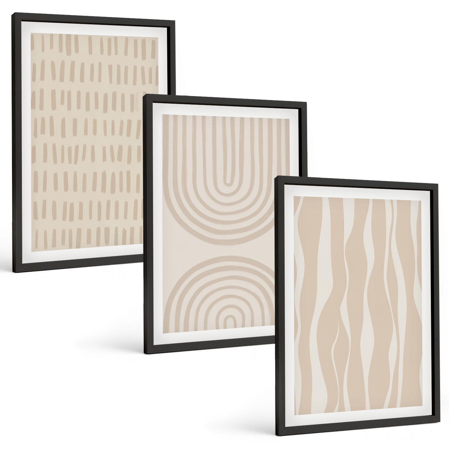 BILDER SET 3er Set - 40x60 cm Schwarzer Rahmen - Abstrakte beige Muster - Schwarz, Kunststoff (40/60cm) - TULUP