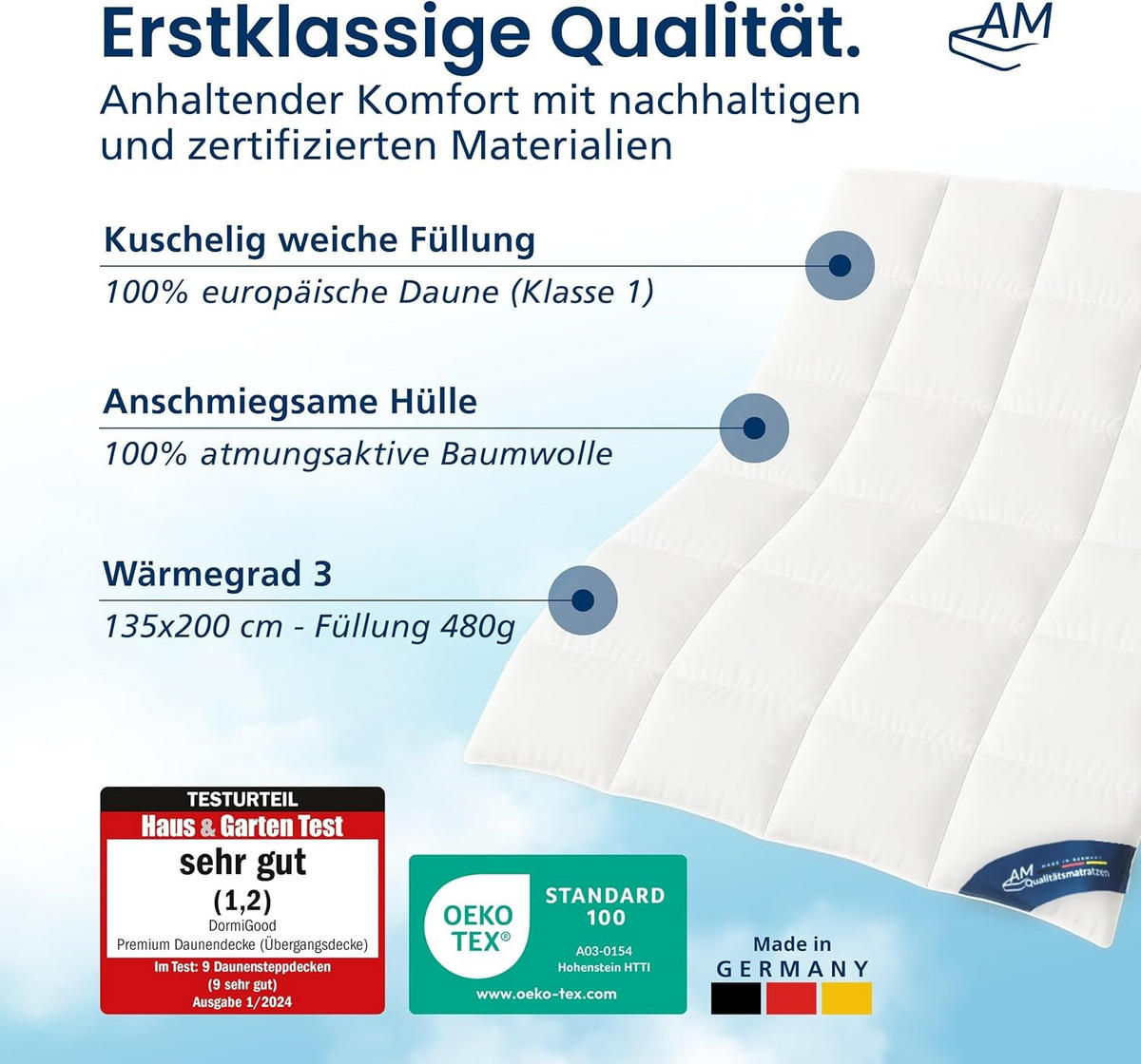 BETTDECKE DAUNEN Ganzjahres Made in Germany aus 100 % Daunen 135x200cm - Weiß, Textil (135/200cm) - AM Qualitätsmatratzen