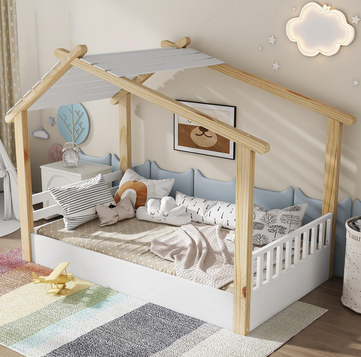 HAUSBETT 90/200 cm Weiß/Natur aus Kiefer, Spanplatte und MDF mit Holzhausdesign - Weiß, Holz (90/200cm) - OKMYHOME
