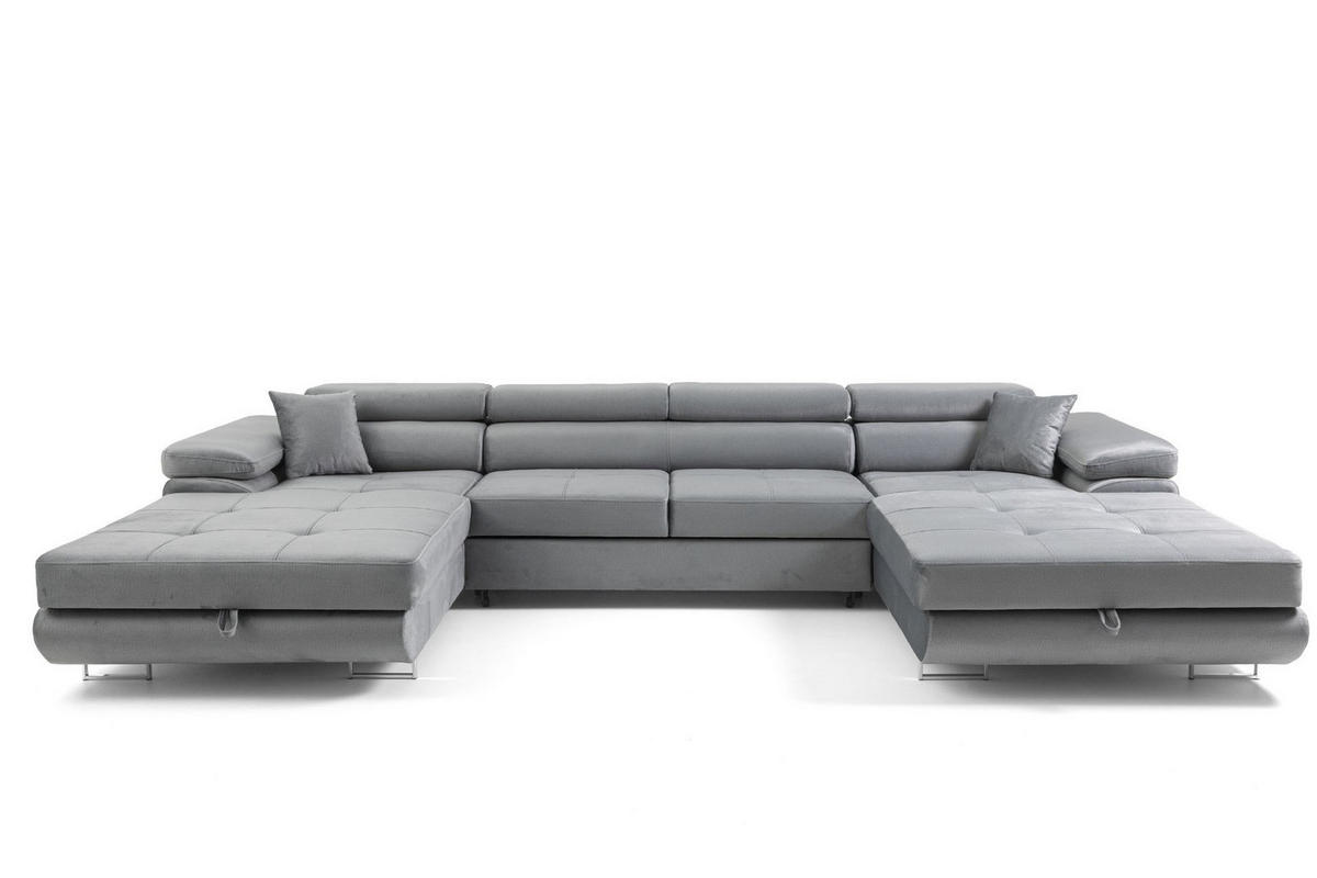 ECKSOFA U-Form ALONZO U mit Schlaffunktion 130x280 Velours Hellgrau - Silberfarben/Hellgrau, Holz/Textil (350/90/203cm) - Muffo