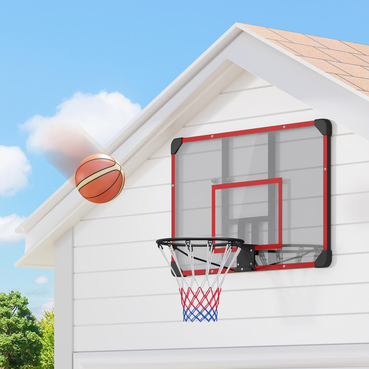 BASKETBALLKORB, Basketballbrett mit Korb, Wandmontage, für Outdoor, Stahl - Rot, Metall (61/113cm) - SPORTNOW