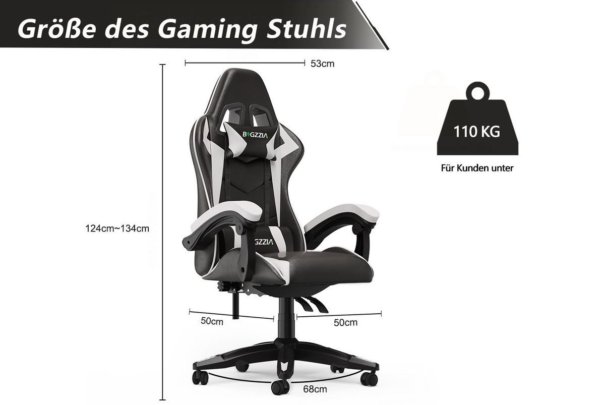 GAMING-STUHL ergonomisch, verstellbare Rückenlehne, Kissen – Schwarz/Weiß - Weiß, Leder (59/120/56cm) - Rattantree