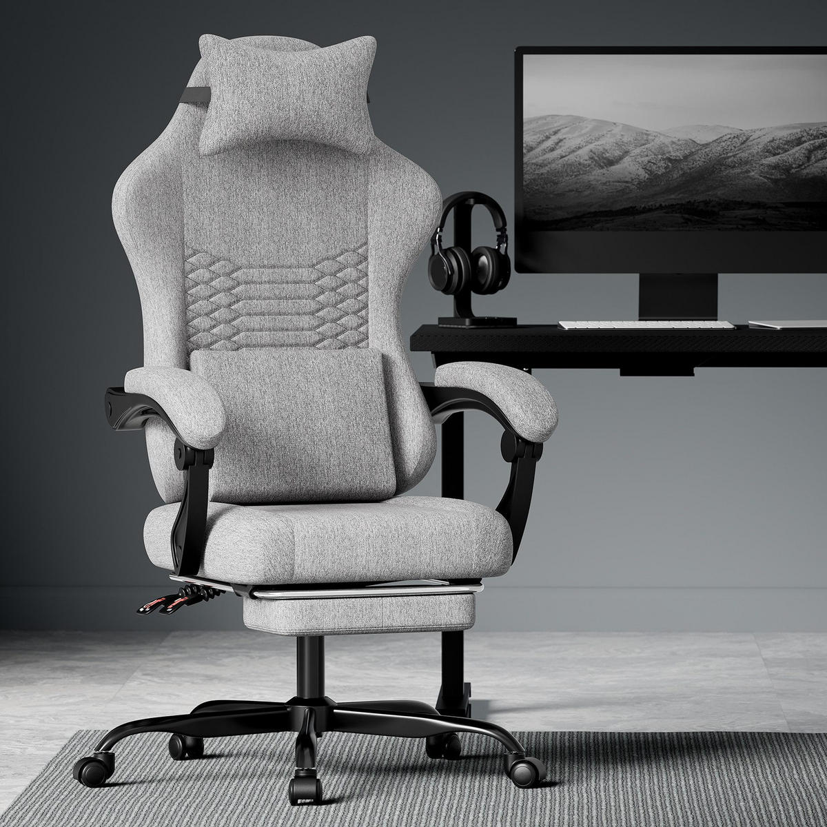 GAMING-STUHL ergonomischer, Bürostuhl mit Fußstütze & Lendenstütze - Hellgrau, Textil (65/114/65cm)