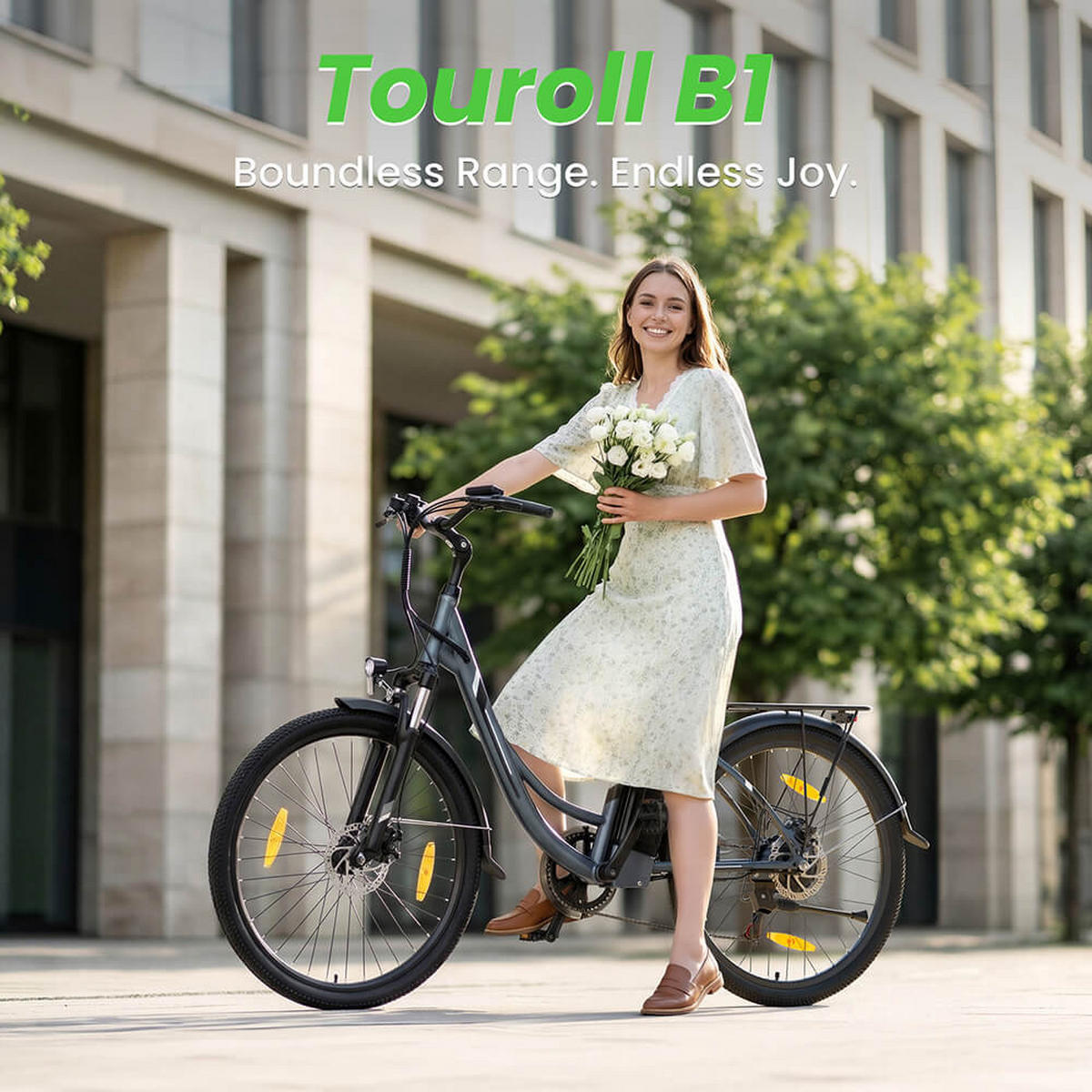 E-BIKE Touroll B1 – 90km Reichweite, 250W Motor, Shimano 7-Gang, Step-Thru Rahmen - Grau, Metall (117cm)