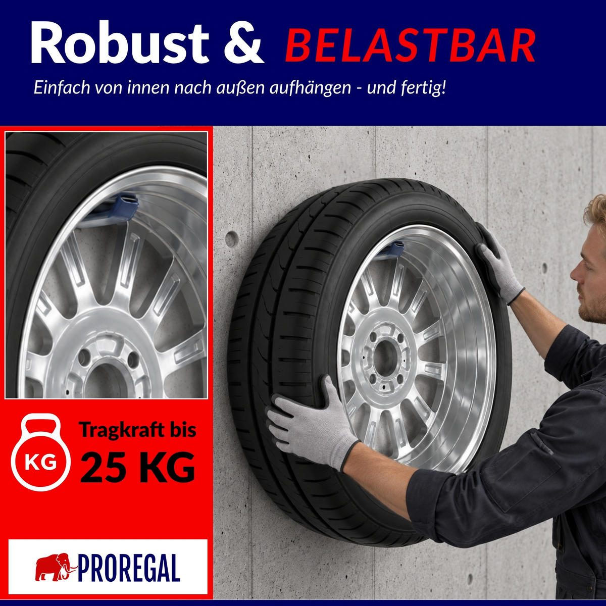 AUTOREIFEN-WANDHALTER PREX SMALL 4er Reifen Set HxBxT 10,5x2x10,5 cm Traglast 25 kg Schwarz Set für Garage Zum Anschrauben mit hoher Qualität - Schwarz, Metall (10.5/2/10.5cm) - PROREGAL