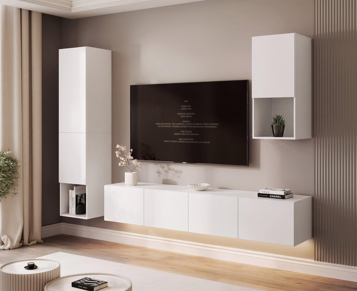 WOHNWAND ANGEL LINE III 3-teilig, mit LED-Beleuchtung, Weiß matt - Weiß, Holzwerkstoff (240/216/40cm) - Idohome