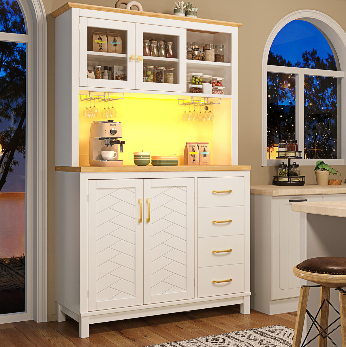 BUFFET ormarić od MDF-a, 105,5/40/180 cm bijeli, s LED rasvjetom i velikim spremišnim prostorom - bijela, drvni materijal (105.5/180/40cm) - BEAOK