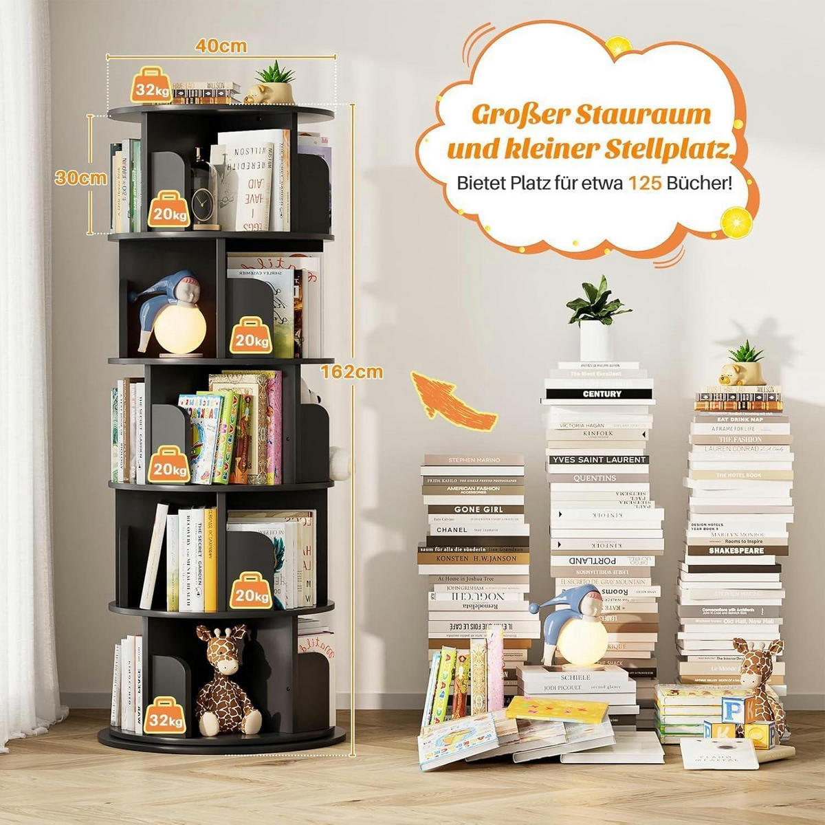 BÜCHERREGAL drehbar 5-stöckig Schwarz 360 Grad drehbar - Schwarz, Holzwerkstoff (40/160/40cm)