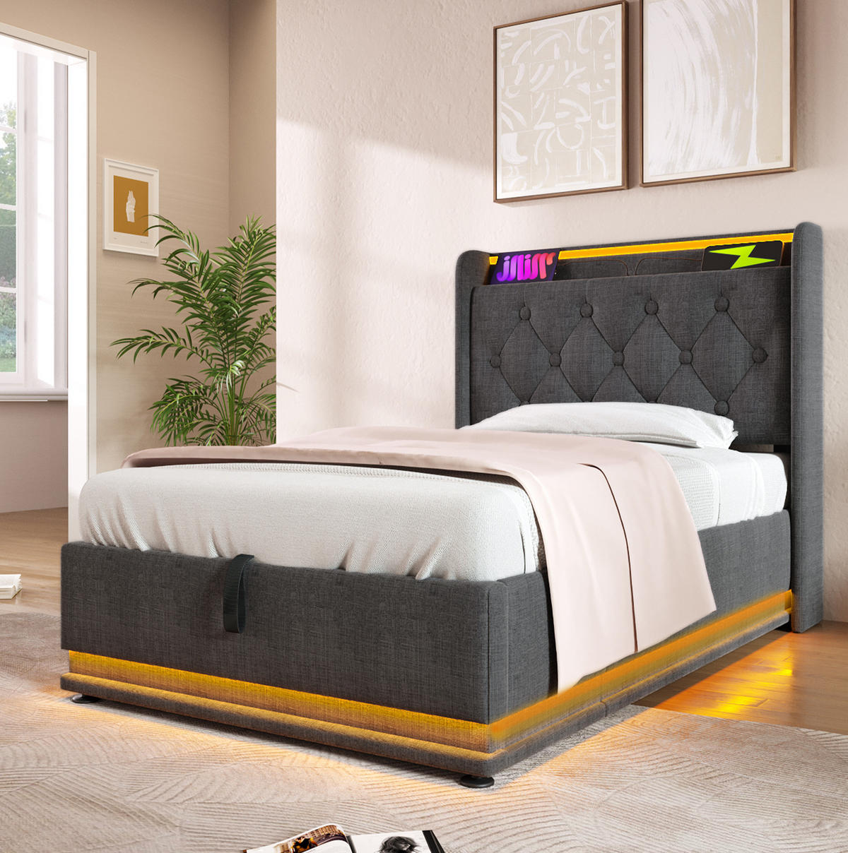 ČALÚNENÁ posteľ 90/200 cm sivá s LED osvetlením USB-C a úložným priestorom z ľanu - sivá, textil (90/200cm) - OKWISH