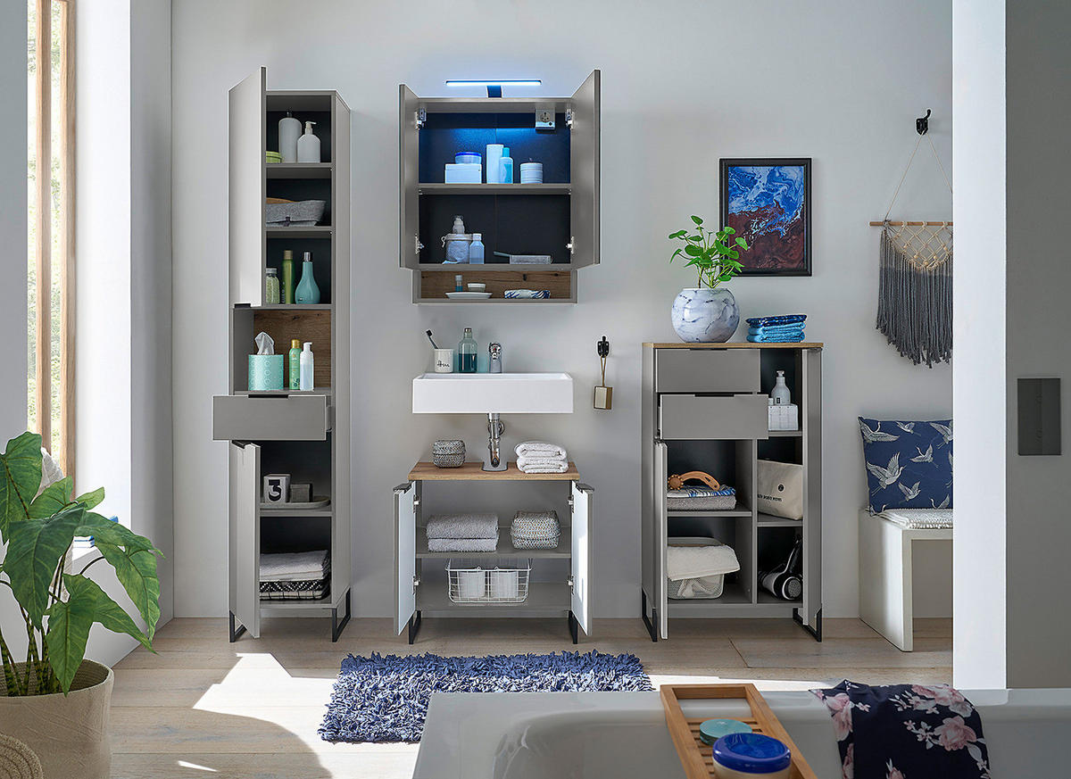 SPIEGELSCHRANK mit Beleuchtung - Grau, Holzwerkstoff (60/75/22cm) - home24