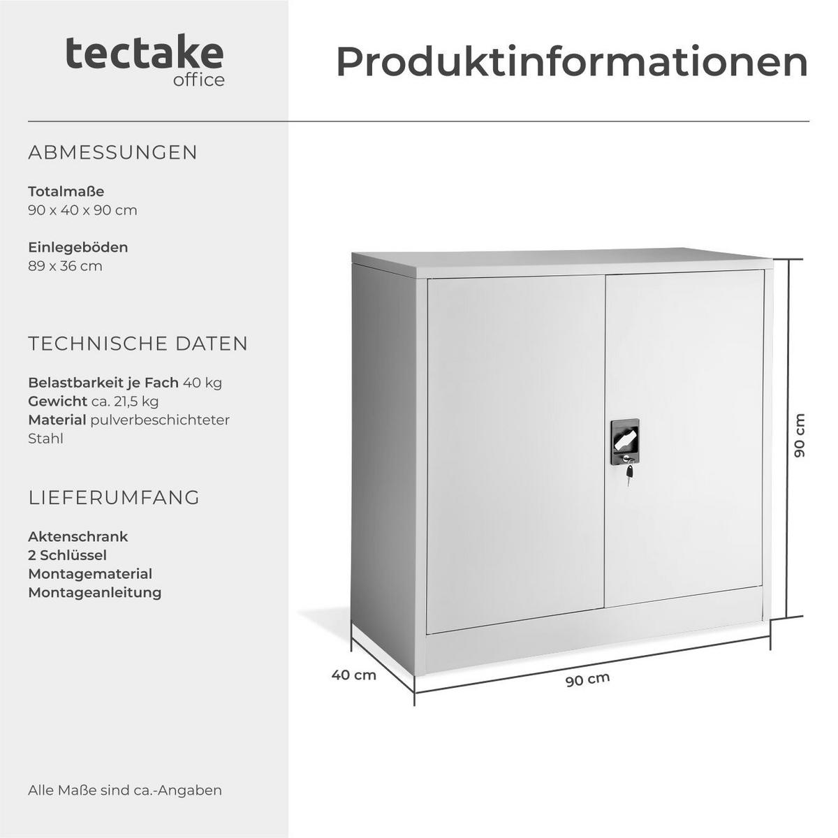 AKTENSCHRANK ,90 x 40 x 90 cm,grau - Grau, Metall (40/90/90cm) - tectake