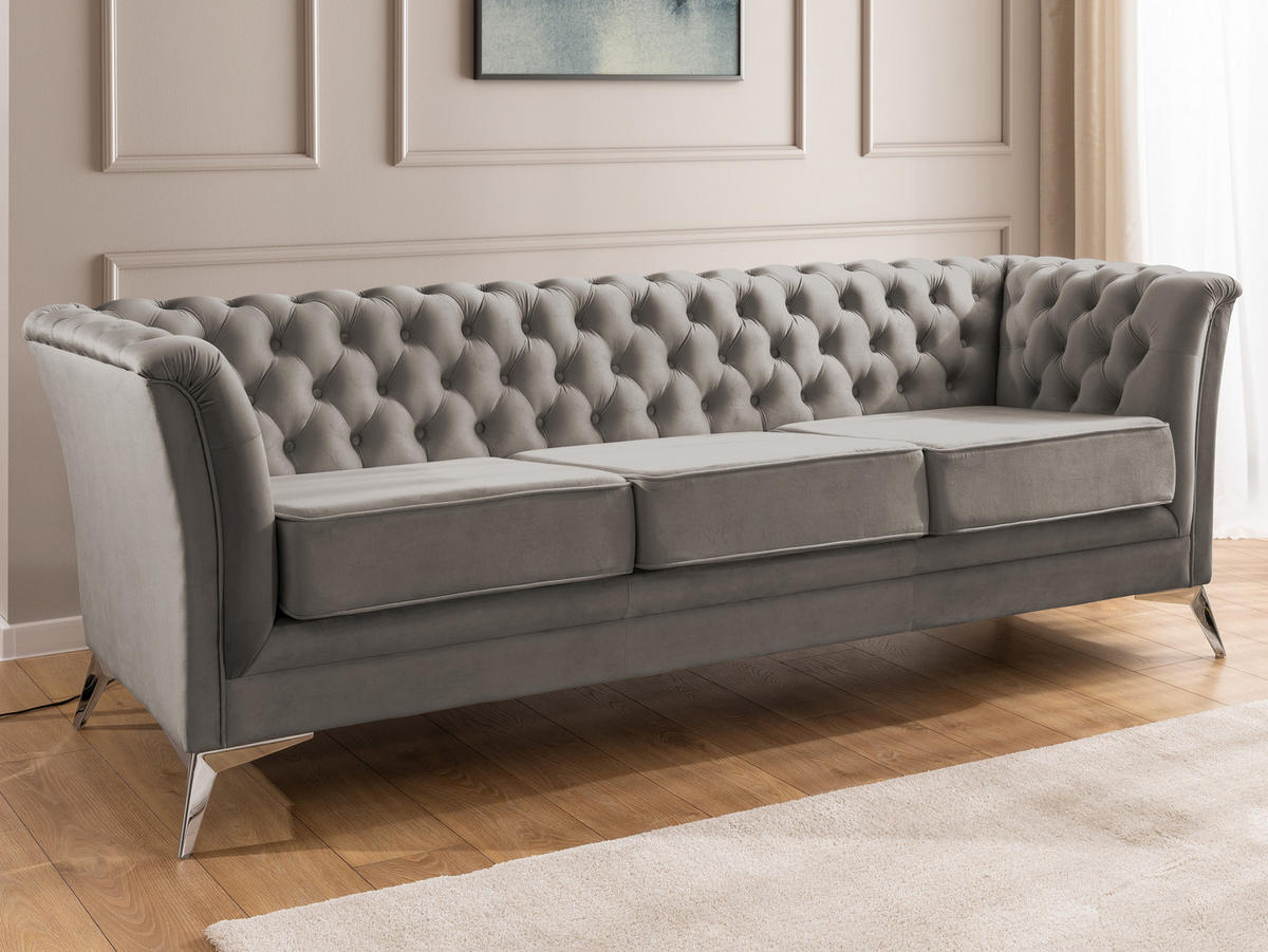 CHESTERFIELD-SOFA 3-sitzer Whitby Marineblau Samt mit silbernen Füßen - Silberfarben/Grau, Holz/Textil (237/78/82cm) - S-Style Möbel