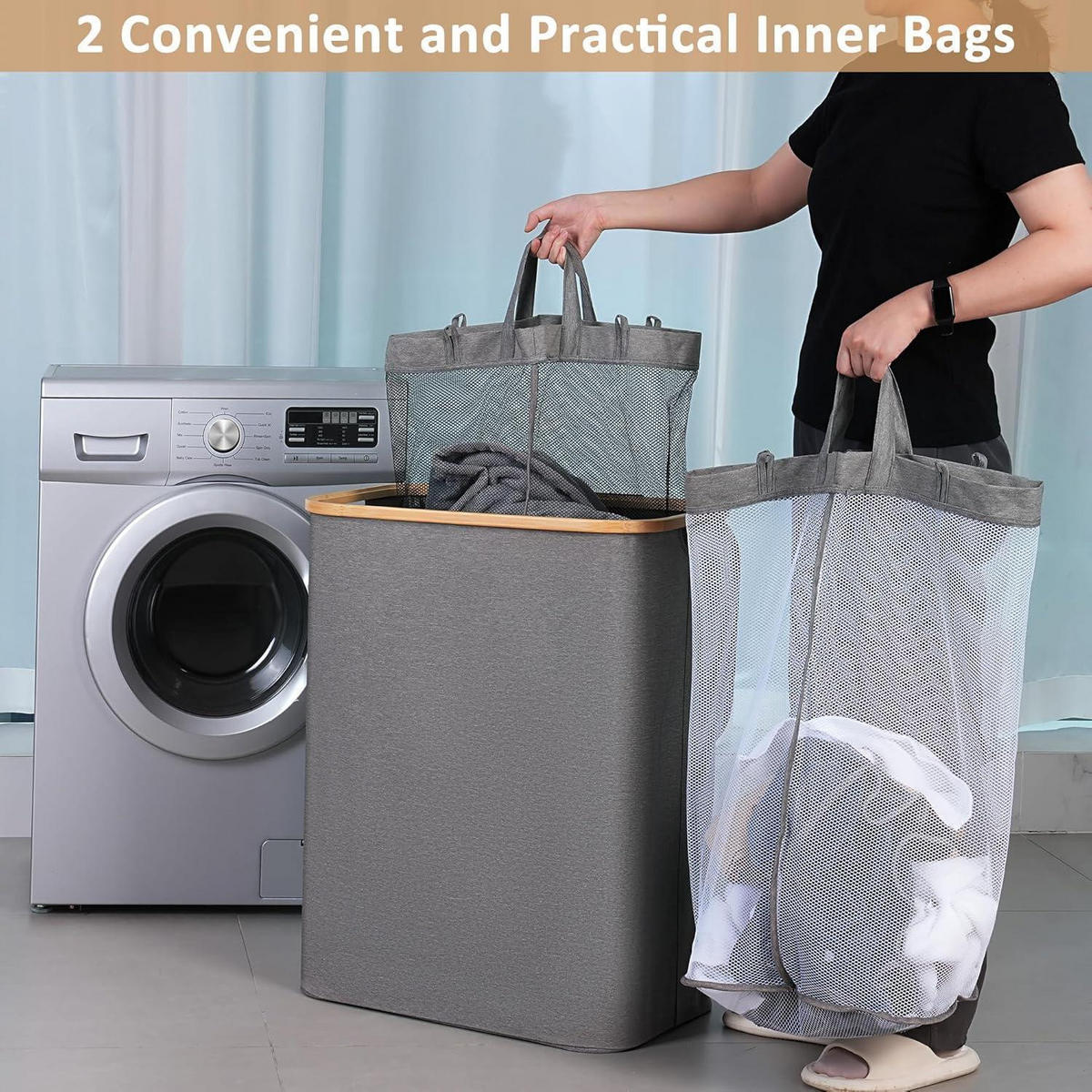 WÄSCHEKORB 2 Fächer 150L Grau - Grau, Textil (37/70/57cm)