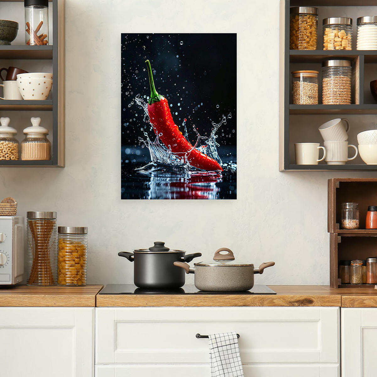 WANDBILD, Rote Chilischote fällt vor schwarzem Hintergrund ins Wasser - Rot, Textil (20/30cm) - Feeby