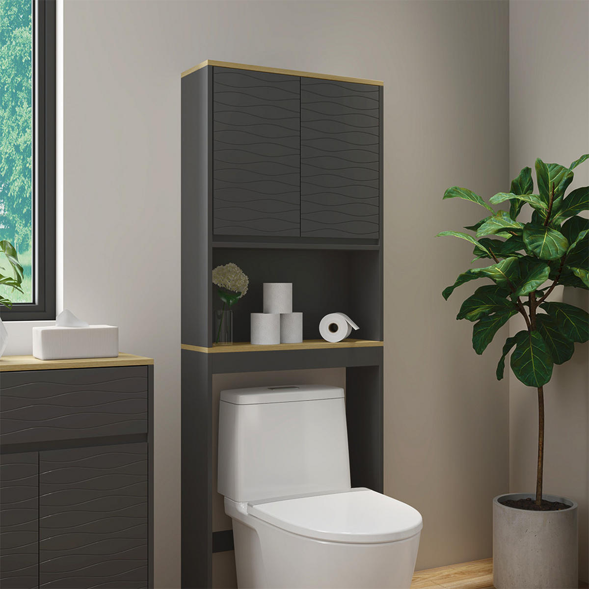 TOILETTENSCHRANK Livia Anthrazit 60 x 163 cm - Anthrazit/Naturfarben, Holzwerkstoff (60/163/20cm) - Vicco