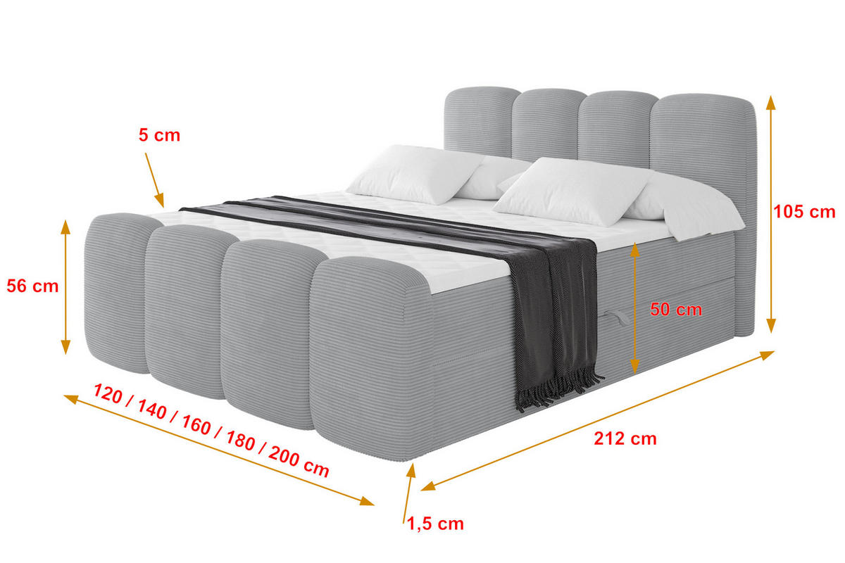 BOXBETT mit Matratze H3 - NINA-Z - 160x200 cm Grau - Silberfarben, Holzwerkstoff (160/200cm) - ALTDECOR