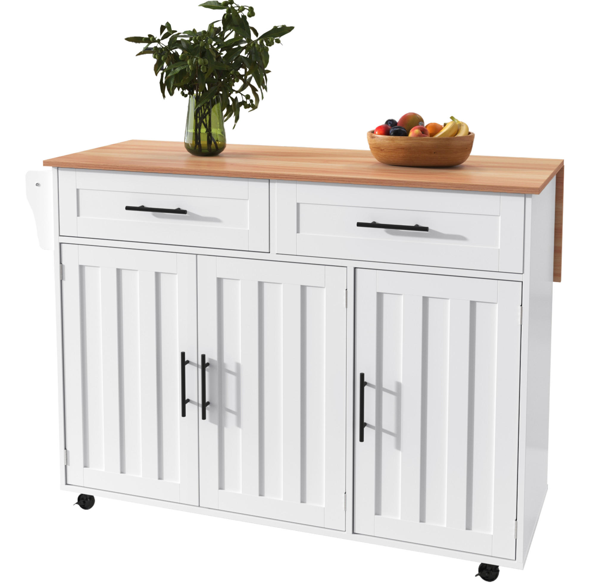 KÜCHENINSEL 129/91,5/71 cm Weiß/Natur aus MDF mit Klappplatte - Weiß, Holzwerkstoff (46/91.5/129cm) - OKMYHOME
