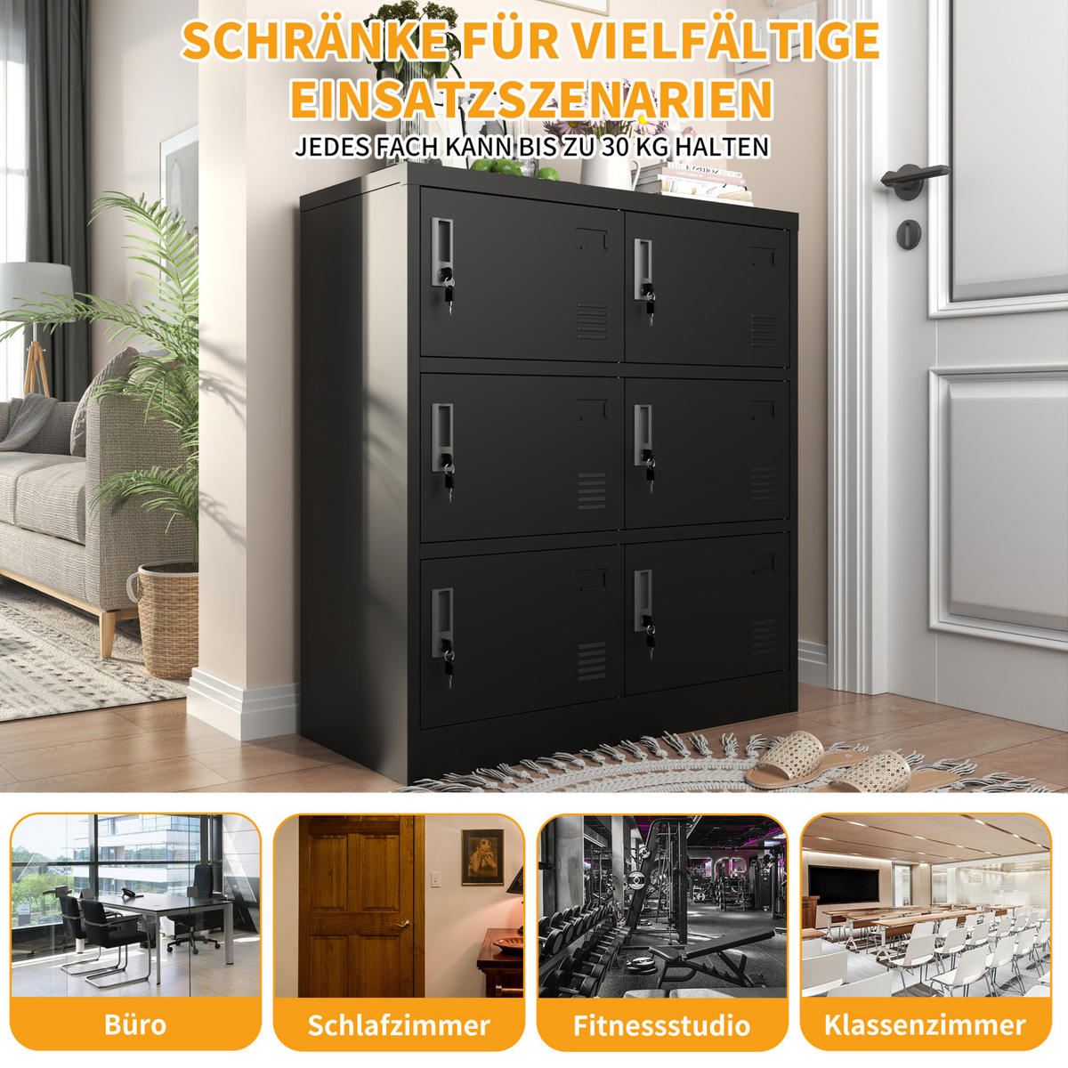 KOMMODE, 6-türiger Metallschrank mit Einzelschlössern und Kartenfächern, 90x40x100 cm, Schwarz - Schwarz, Metall (40/100/90cm) - Modfu