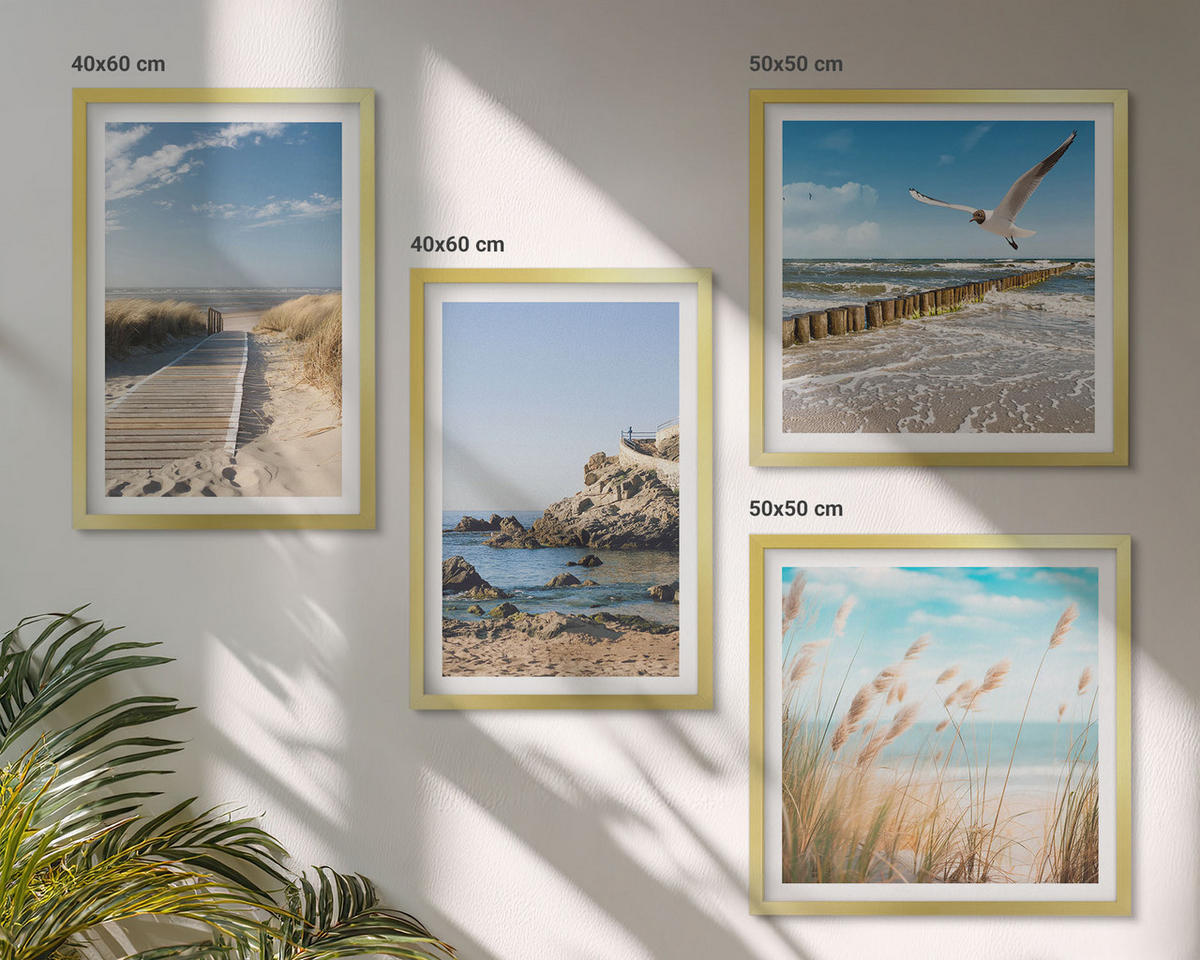 WANDBILDER 4er Set - 50x50 cm & 40x60 cm Goldrahmen - Strand Holzsteg Klippen - Goldfarben, Kunststoff (50/50cm) - ArtPrintCave