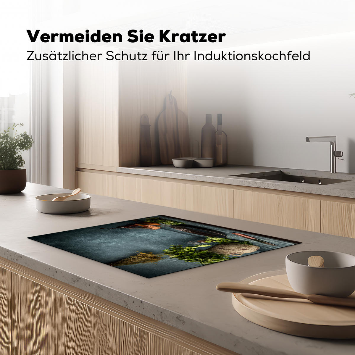 HERDABDECKPLATTE Kräuter - Gewürze - Pfanne - Messer - Grau - Rustikal 65x52 cm - Petrol, Kunststoff (65/52/0.2cm) - MuchoWow