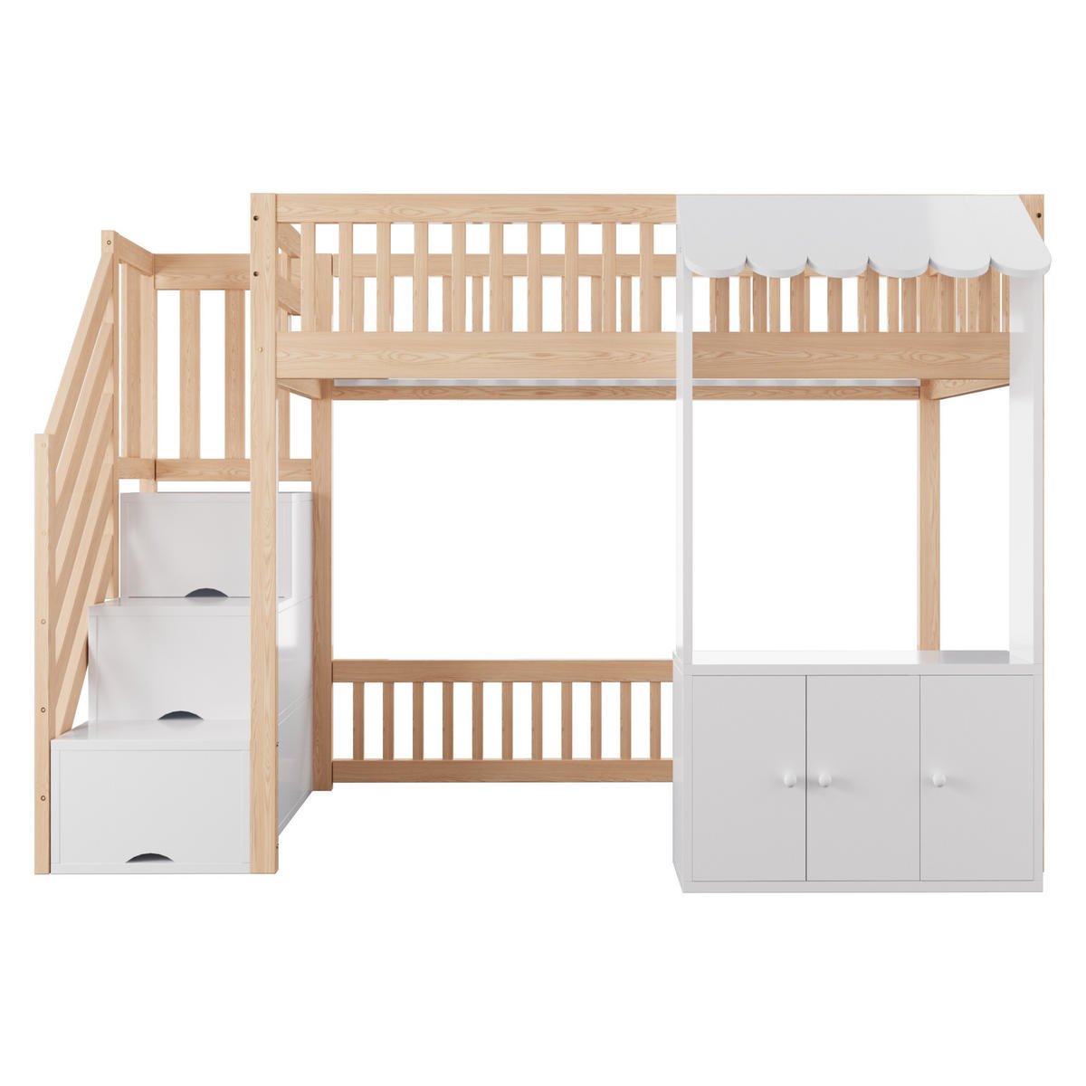 HOCHBETT 90/200 cm in Holzfarbe mit Stauraumtreppe, Stauraum und LED - Naturfarben/Weiß, Holz/Holzwerkstoff (90/200cm) - CHICFURN