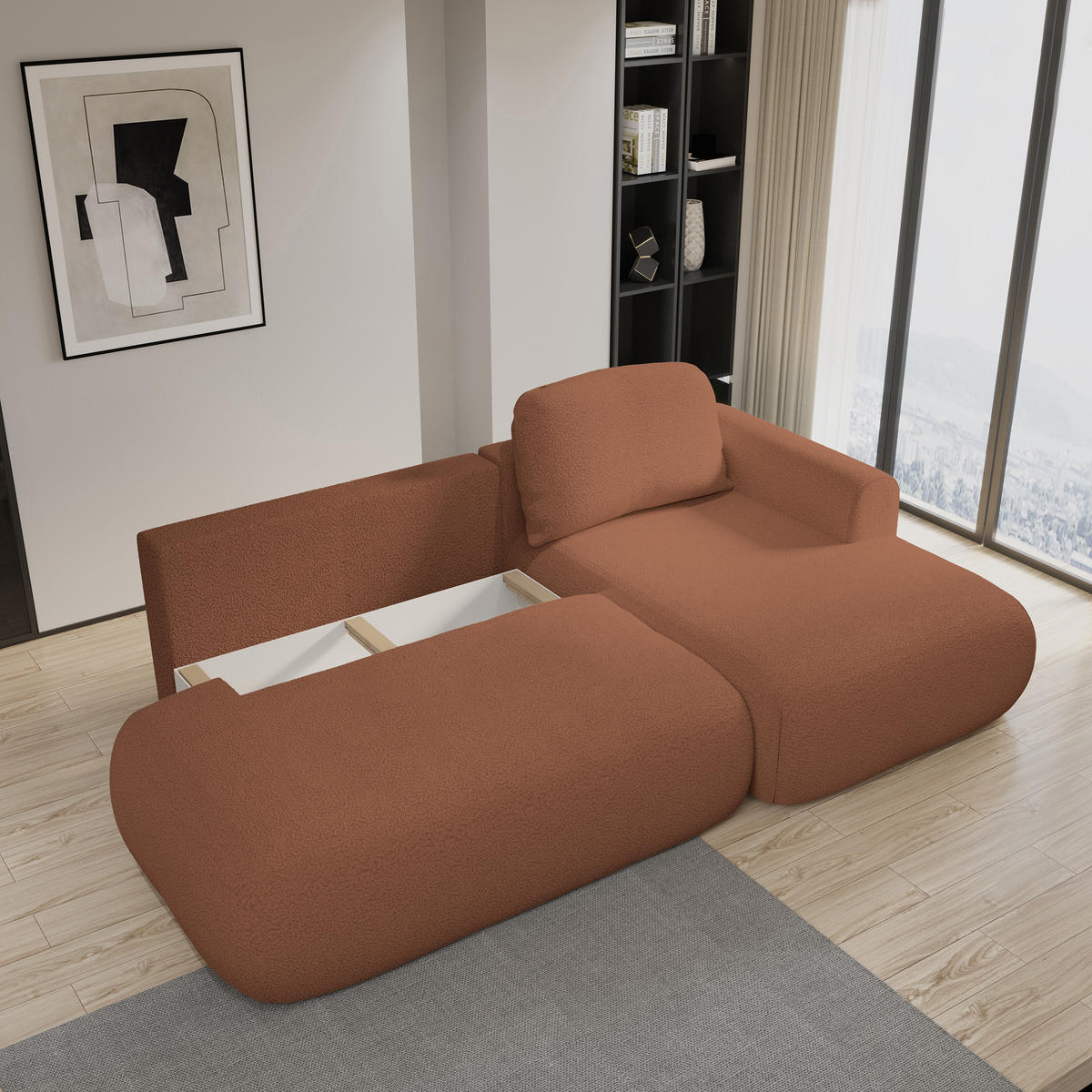 ECKSOFA NUVIRA R-S Kupferfarben Boucle-Stoff mit Schlaffunktion - Kupferfarben, Holz (274/165cm) - MASSENO