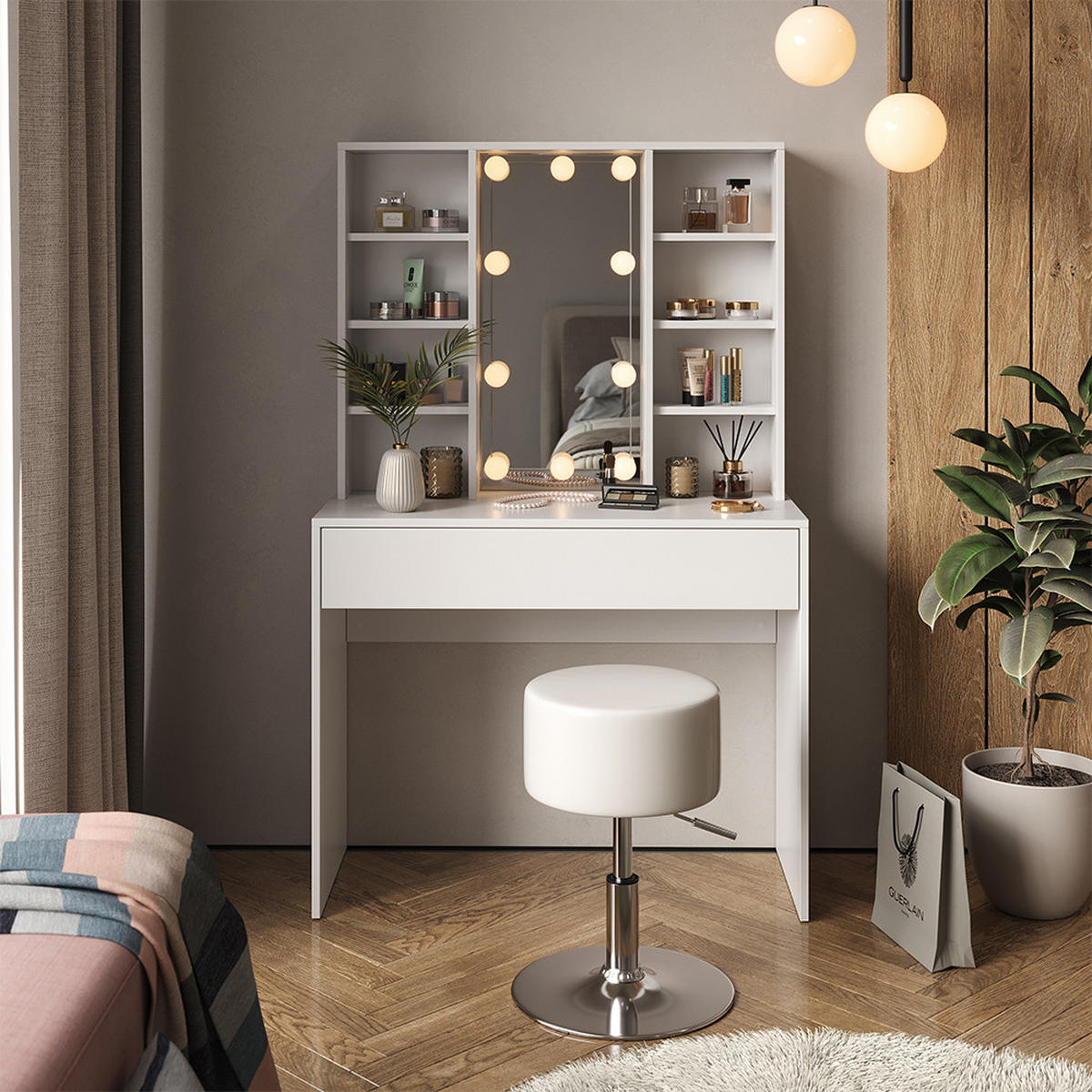 SCHMINKTISCH Alexa Weiß 93 cm mit Hocker - Weiß, Holzwerkstoff (93/147/40cm) - Vicco