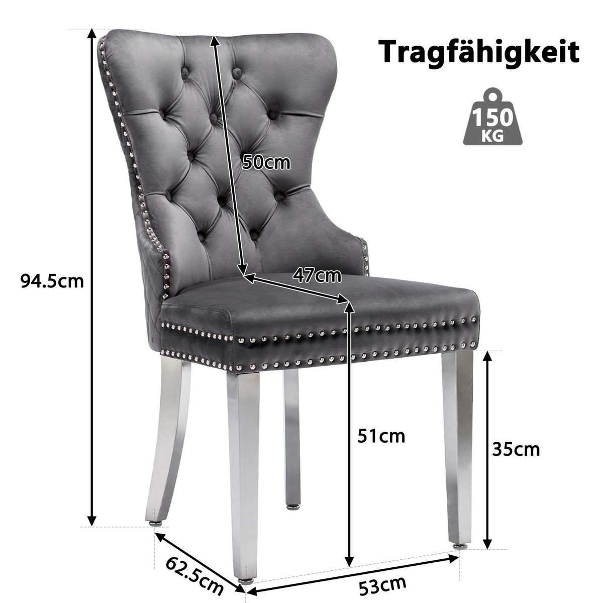 ESSZIMMERSTUHL 2er-Set mit Samtpolsterung, Massivholz-Metall-Gestell und Pin-Kopf Dekoration im modernen Design, grau - Grau, Textil (62.5/94.5/53cm) - Luhomfu