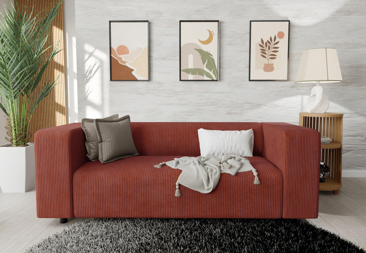 SITZGARNITUR 3+2+1 Tove Terrakotta Cord - Terra cotta/Schwarz, Holz/Kunststoff (175/65/80cm) - S-Style Möbel