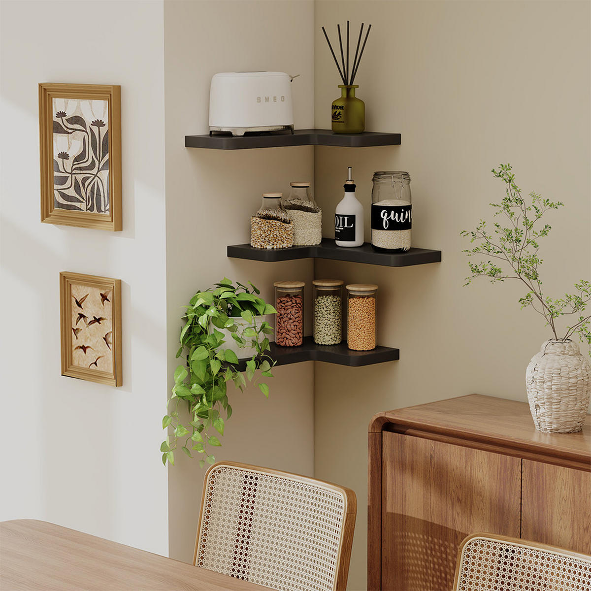 ECKREGAL Curva Schwarz 40.5 x 2.5 cm 3er Set - Schwarz, Holzwerkstoff (40.5/2.5/28.5cm) - Vicco