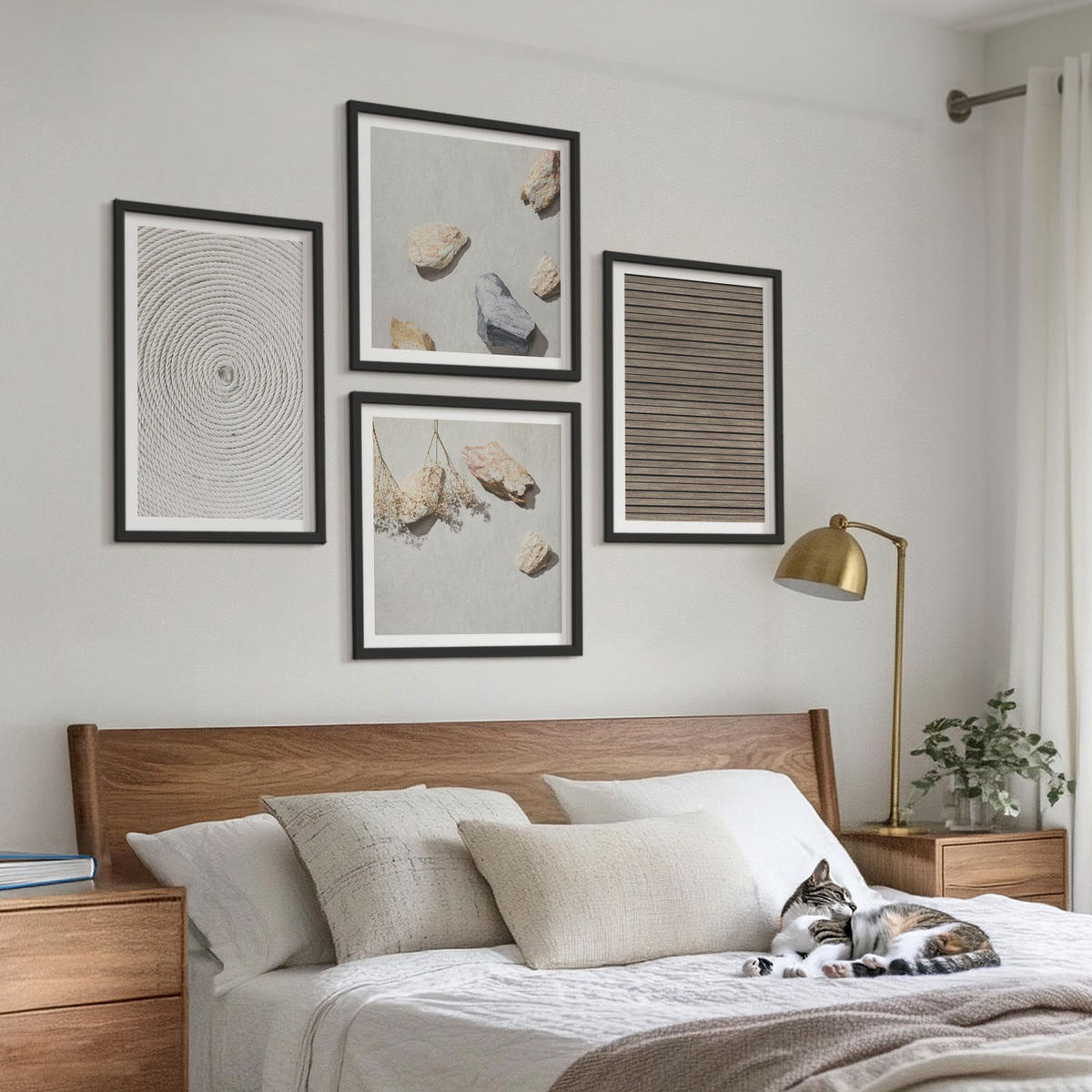 WANDBILDER 4er-Set - 50x50 cm & 40x60 cm Schwarzer Rahmen - Natürliche Texturen Holz Steine - Schwarz, Kunststoff (50/50cm) - ArtPrintCave
