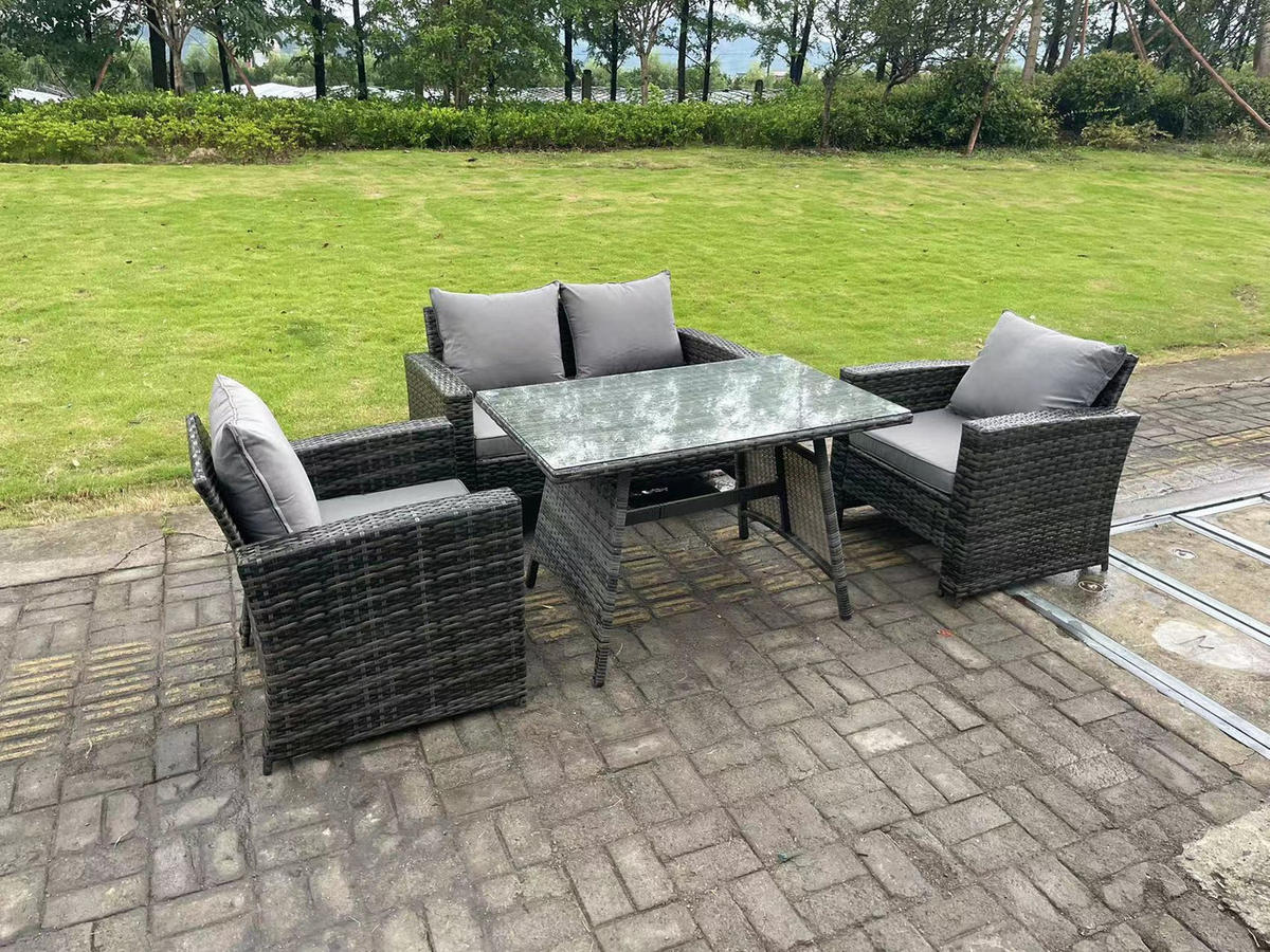 GARTENTISCHGRUPPE Polyrattan 4-Sitzer - Dunkelgrau/Grau, Glas/Kunststoff - Fimous