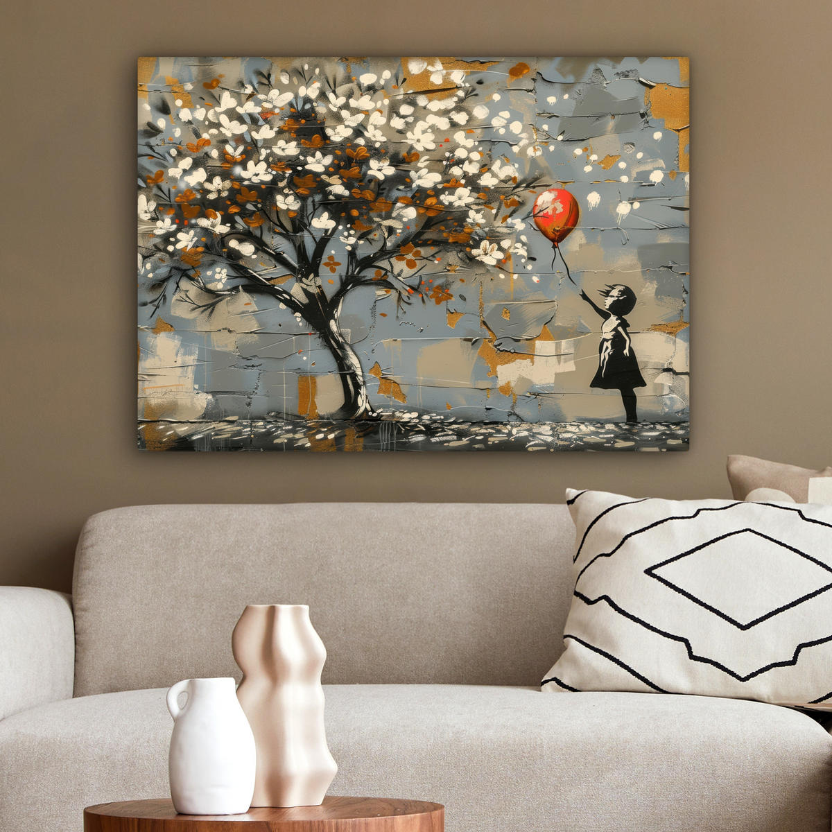 LEINWANDBILD Baum - Graffiti - Banksy-Stil - Ballon-Mädchen Wandbilder 80x60 cm - Blaugrau, Textil (80/60cm) - MuchoWow