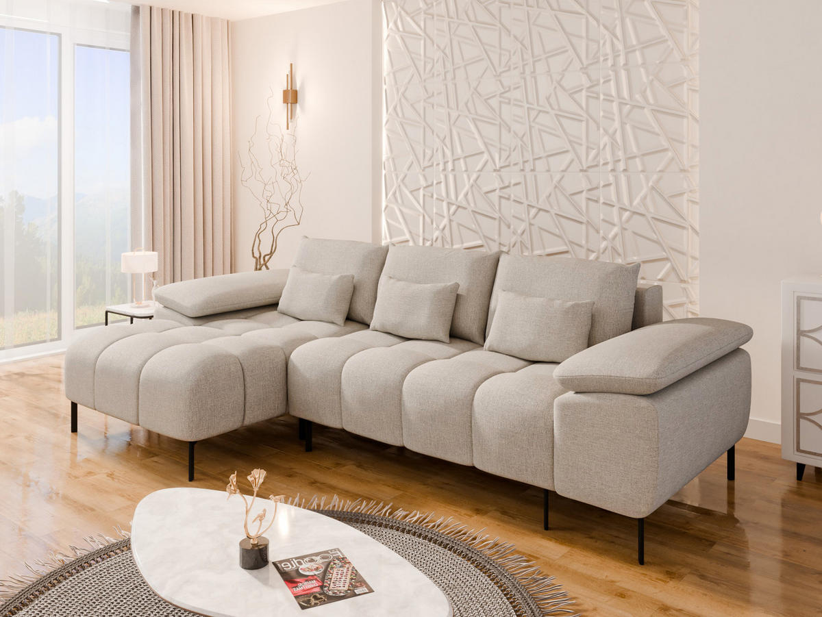 ECKSCHLAFSOFA 4-Sitzer DOLUS – Modernes Ecksofa mit Schlaffunktion Links montierbar , Ecru - Ecru, Holz (141/277cm) - Panda Möbel