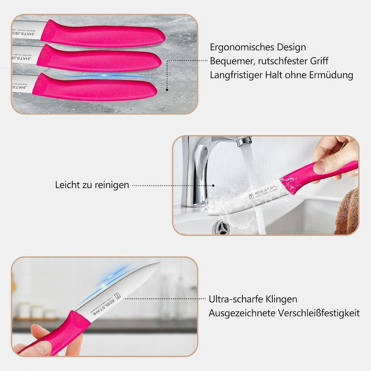 GEMÜSEMESSER-SET 6-teilig Rosa PP-Griff 3,35 Zoll Klinge - Rosa, Kunststoff (19cm)