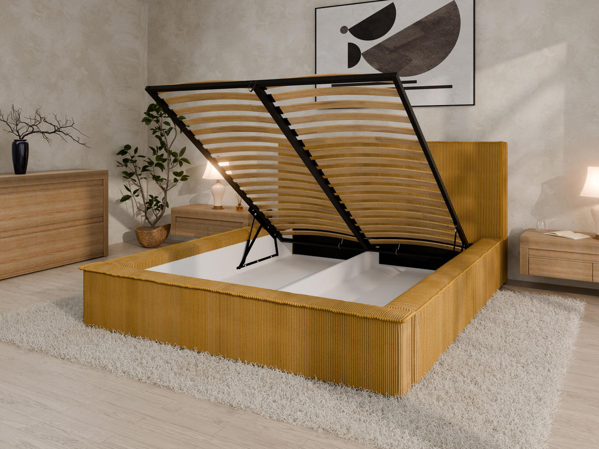 POLSTERBETT SANA 160x200cm Elegantes Polsterbett für modernen Wohnstil , Taschenfederkernmatratze mit kokos KORNOS (20cm), Currygelb - Currygelb, Holz (160/200cm) - Panda Möbel